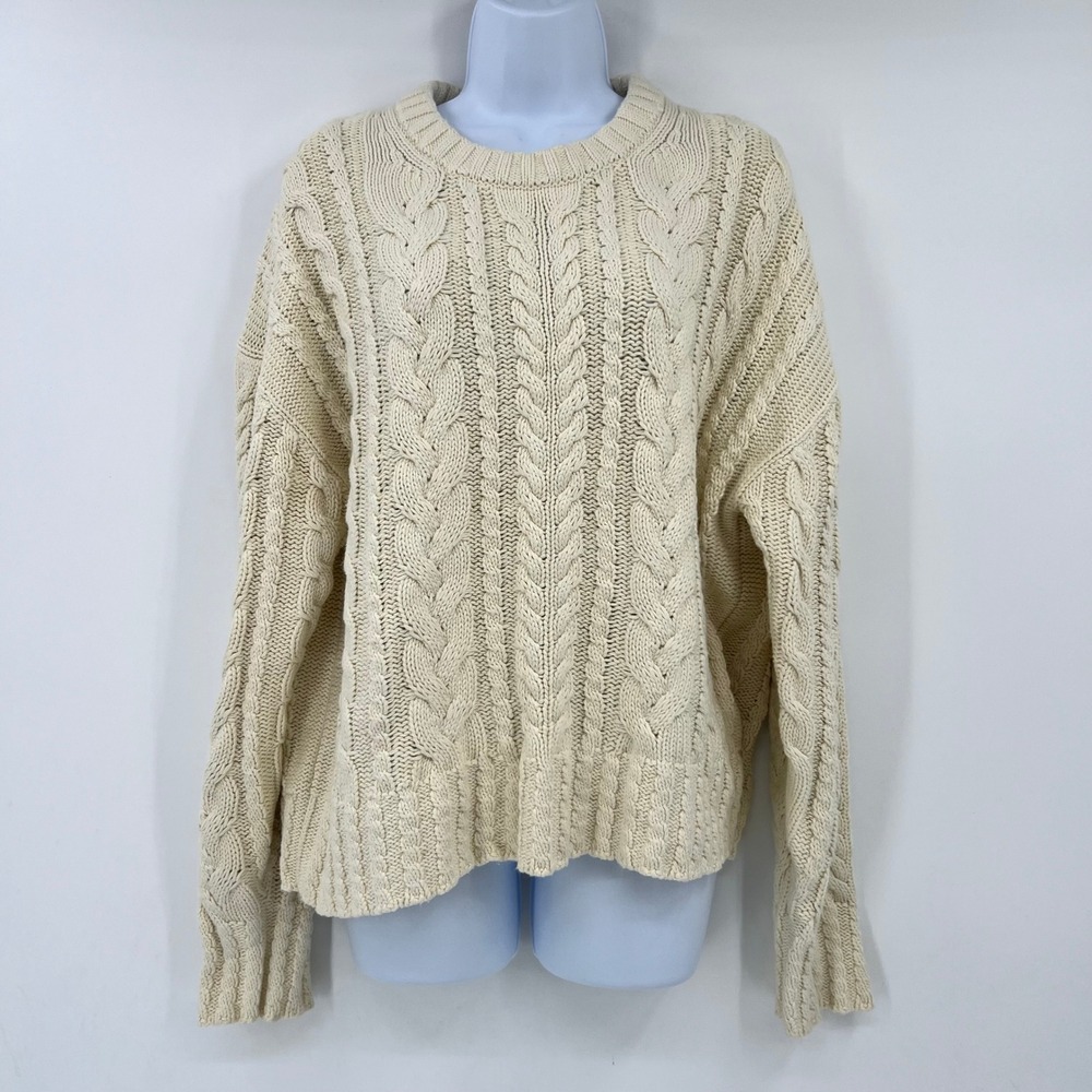 J.Crew Size XL Cream Ivory Heavyweight Cable Knit Cotton Crew Pullover Sweater
